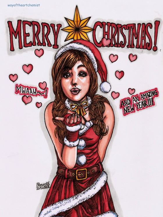 Santa Costume, Girl Blowing a kiss, merry christmas, illustration, manga style art, drawing, fine liner, letraset promarker, color,